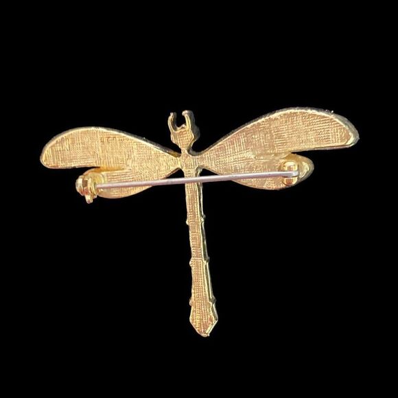 Gold-Tone Dragonfly Brooch With Sparkling Rhinestones & Red/Green Accents - Picture 3 of 5